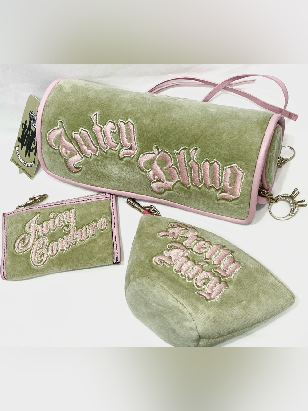 RARE NWT Vintage JUICY COUTURE Pink Green Velour Roll Jewelry Coin Purse Set